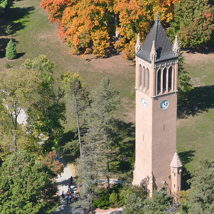 Campus aerial shot of the campanile