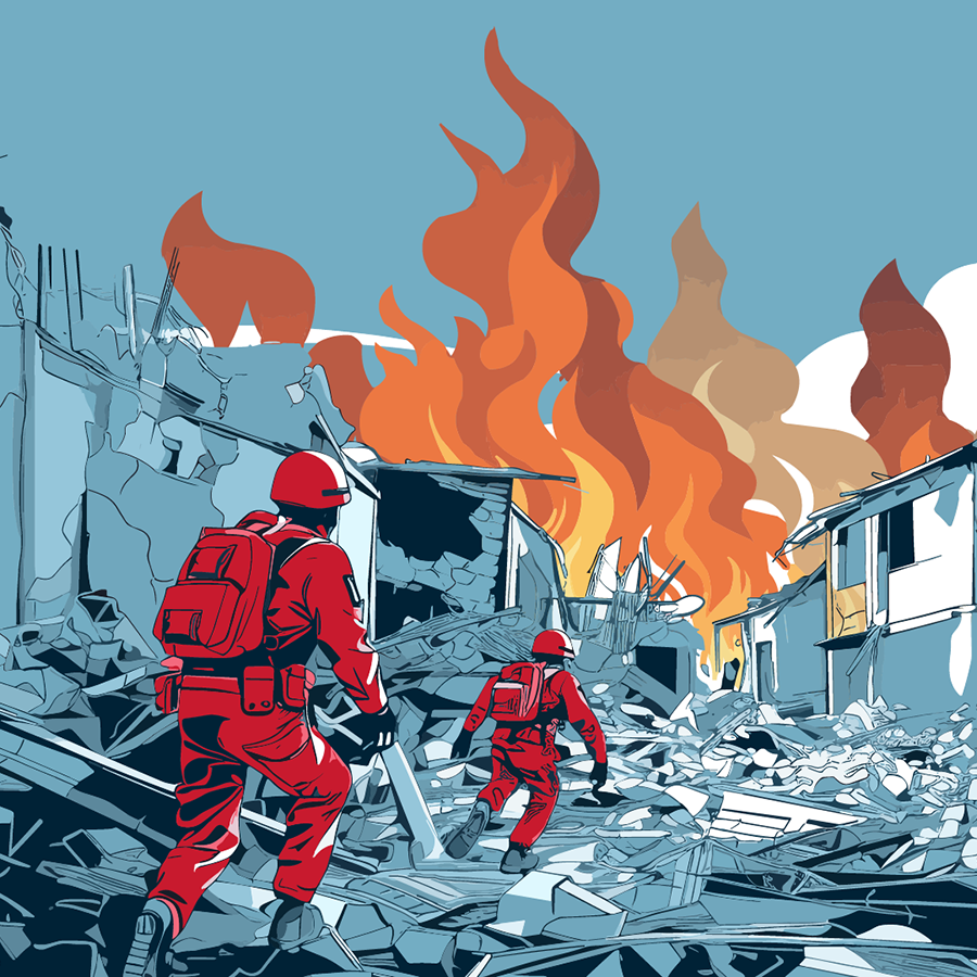 Illustration of soldiers amid burning buildings