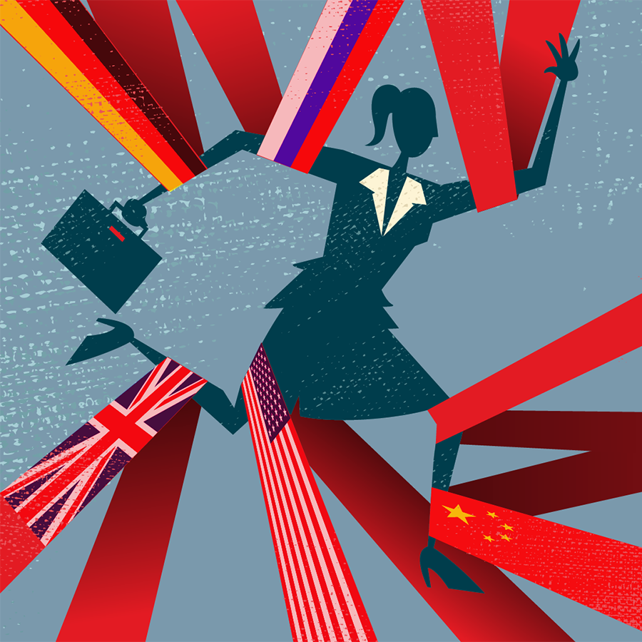 illustration of a woman businessperson surrounded by red tape and flags