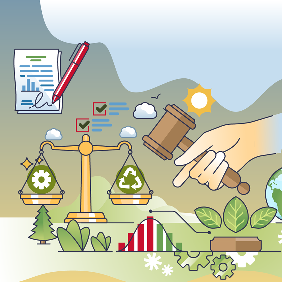 illustration of a gavel and scales with charts and plants